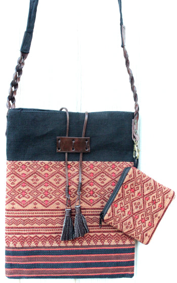 Handmade Naga hill tribe artisan handwoven cotton cross-body bag with matching small accessories pouch