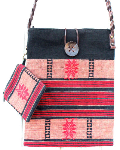 Handmade Naga hill tribe artisan handwoven cotton cross-body bag with matching small accessories pouch
