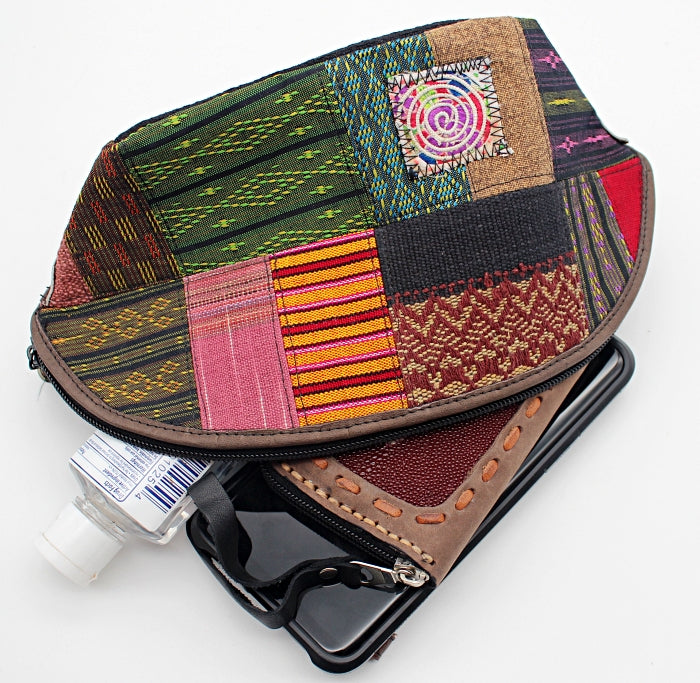 Handmade hill tribe artisan handwoven cotton patchwork with leather accent wristlet / clutch(4 pack/ $18 ea.)