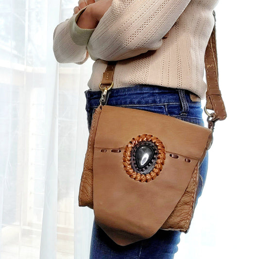 Western handmade genuine leather bohemian saddle bag with stone accent