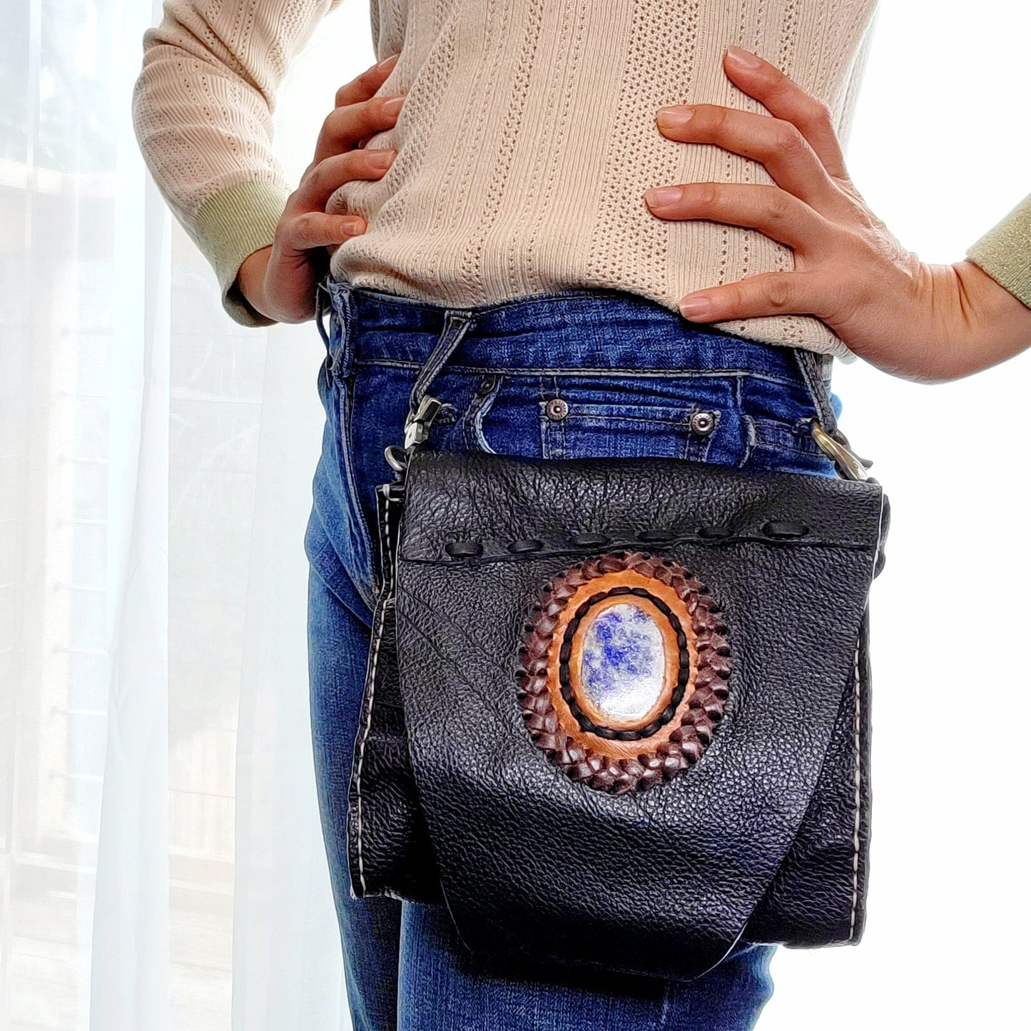 Western handmade genuine leather bohemian saddle bag with stone accent