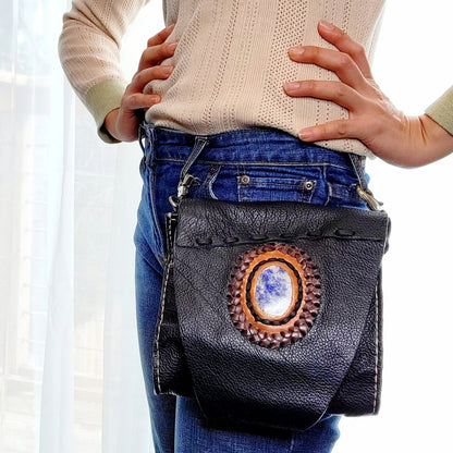 Western handmade genuine leather bohemian saddle bag with stone accent