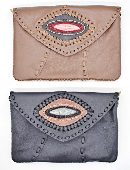 Handmade genuine cowhide leather adjustable clutches/purses with stingray leather accent : TH-LB-17