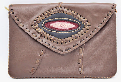 Handmade genuine cowhide leather adjustable clutches/purses with stingray leather accent : TH-LB-17