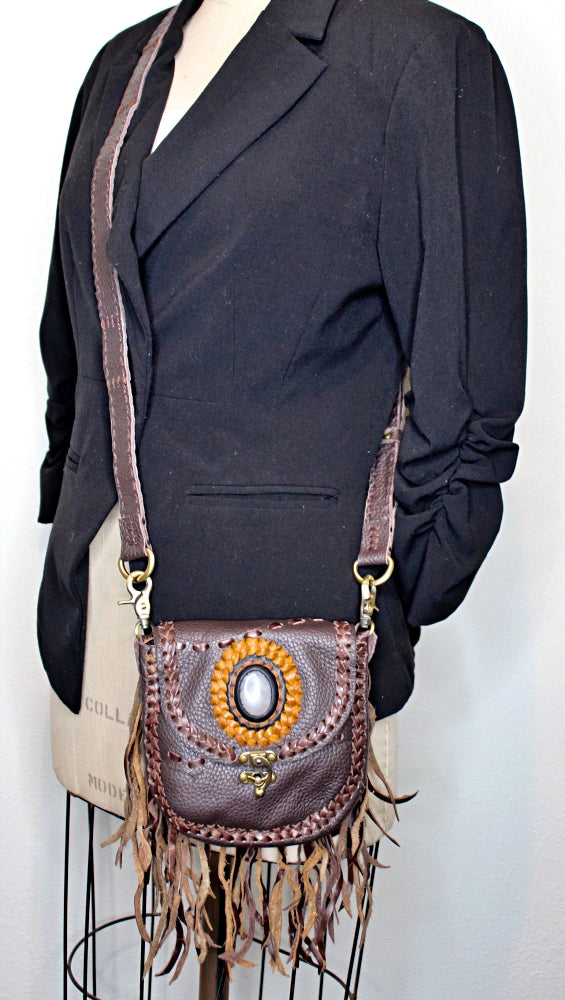 Small Boho Hippie Fringe Bag Small Beaded Tan Leather Bag -  Israel
