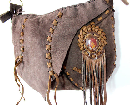 Handmade genuine leather bohemain messenger / hobo convertible bag with hand selected semi- precious stone accent - Atlas Goods