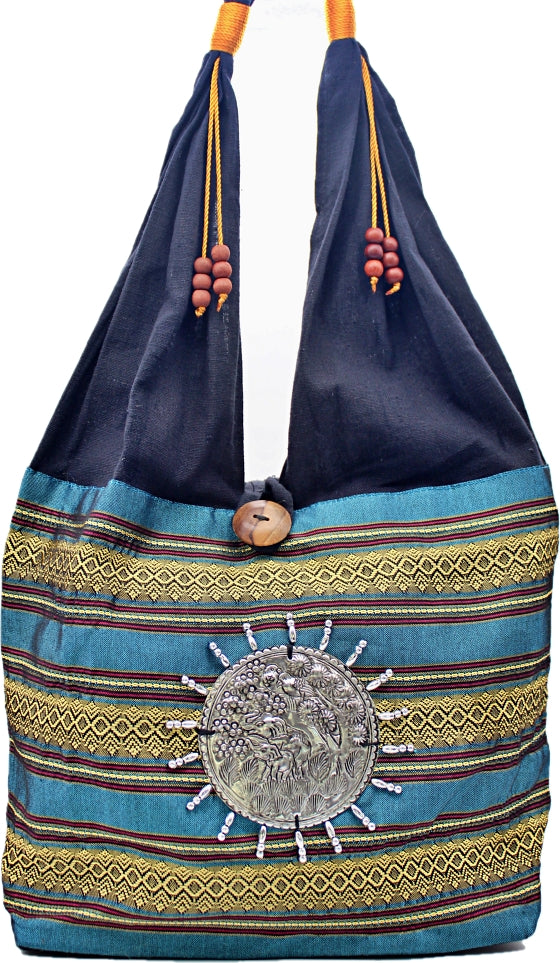 Handmade Thai silk shoulder bag with elephant metal medalion accent
