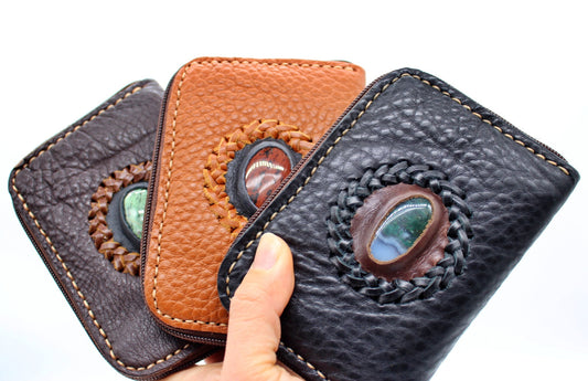 Handmade genuine pebble grain leather zipper wallet with precious stone accent(3 pack/ $35 ea.)