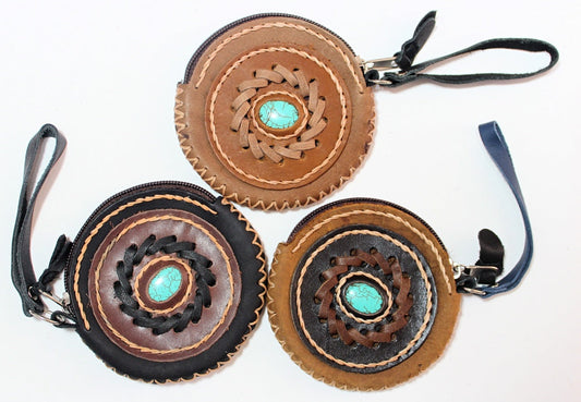 Handmade leather western round zip coin purse with stone accent and wrist strap(6 Pack/$10 Ea.)