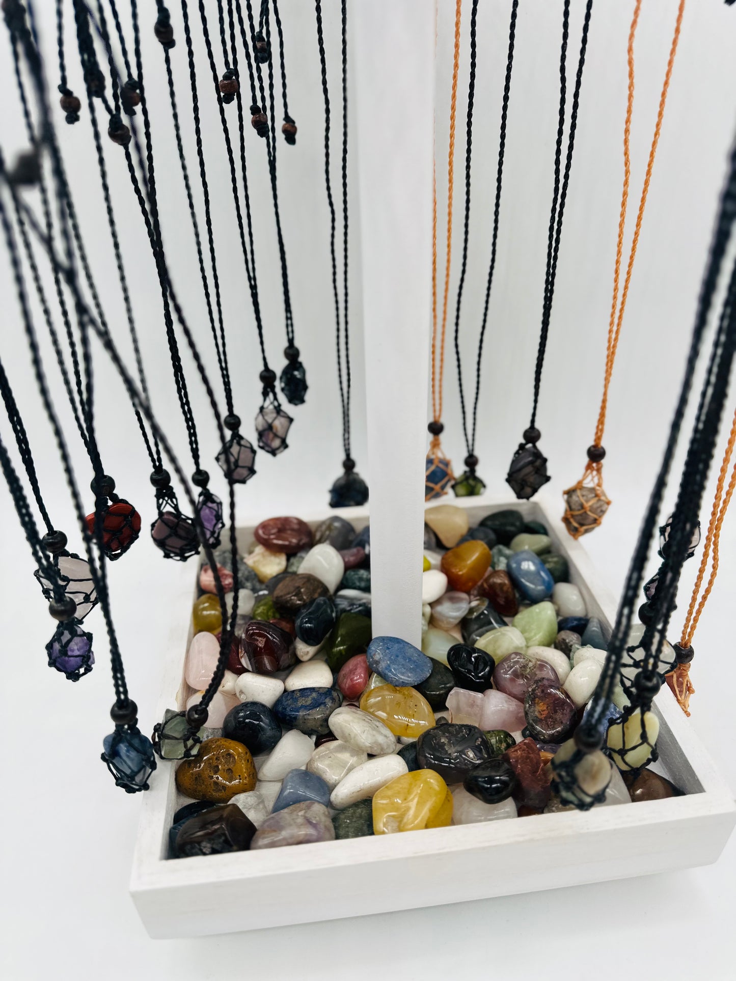 Macramé Cage Necklaces With Tumbled Stone display set