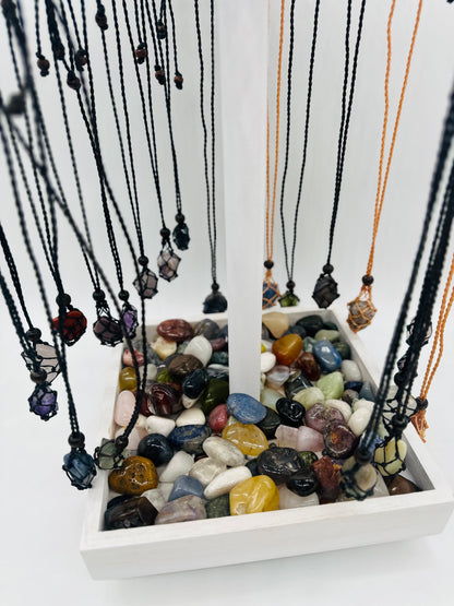 Macramé Cage Necklaces With Tumbled Stone display set