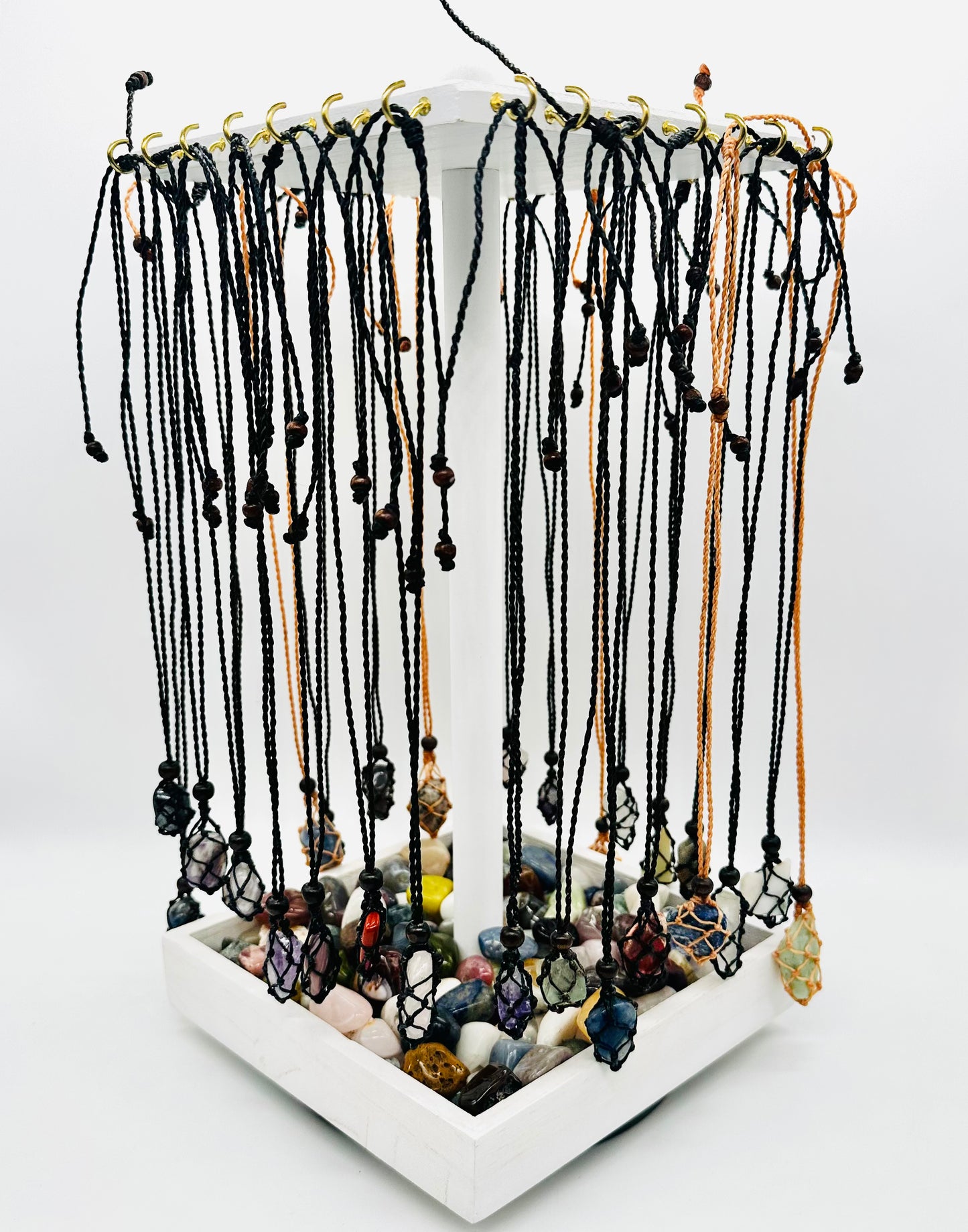 Macramé Cage Necklaces With Tumbled Stone display set