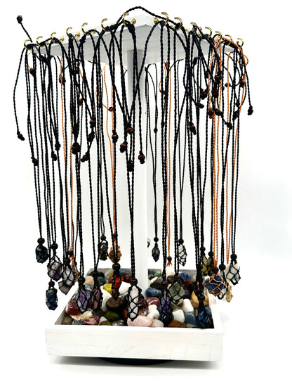 Macramé Cage Necklaces With Tumbled Stone display set