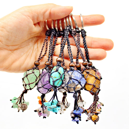 Handmade Macrame Gemstone Keychain with tassel (Changeable)(12 pack)