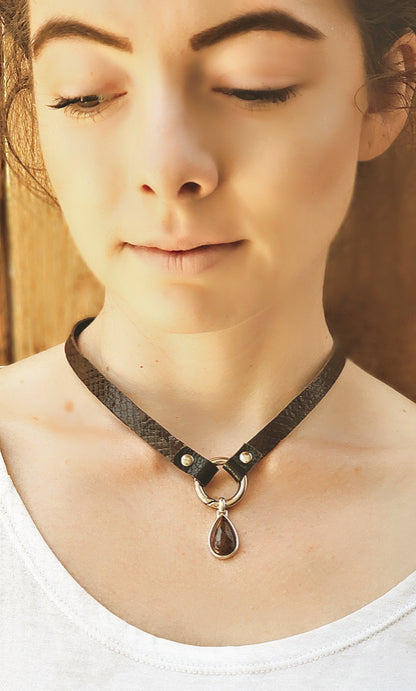 Handmade leather choker necklace with easy to change pendant ring
