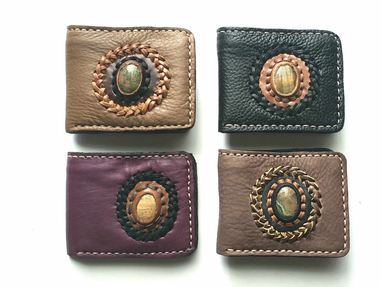 Handmade genuine pebble grain leather bifold wallet with precious stone accent