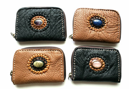 Handmade genuine pebble grain leather zipper wallet with precious stone accent