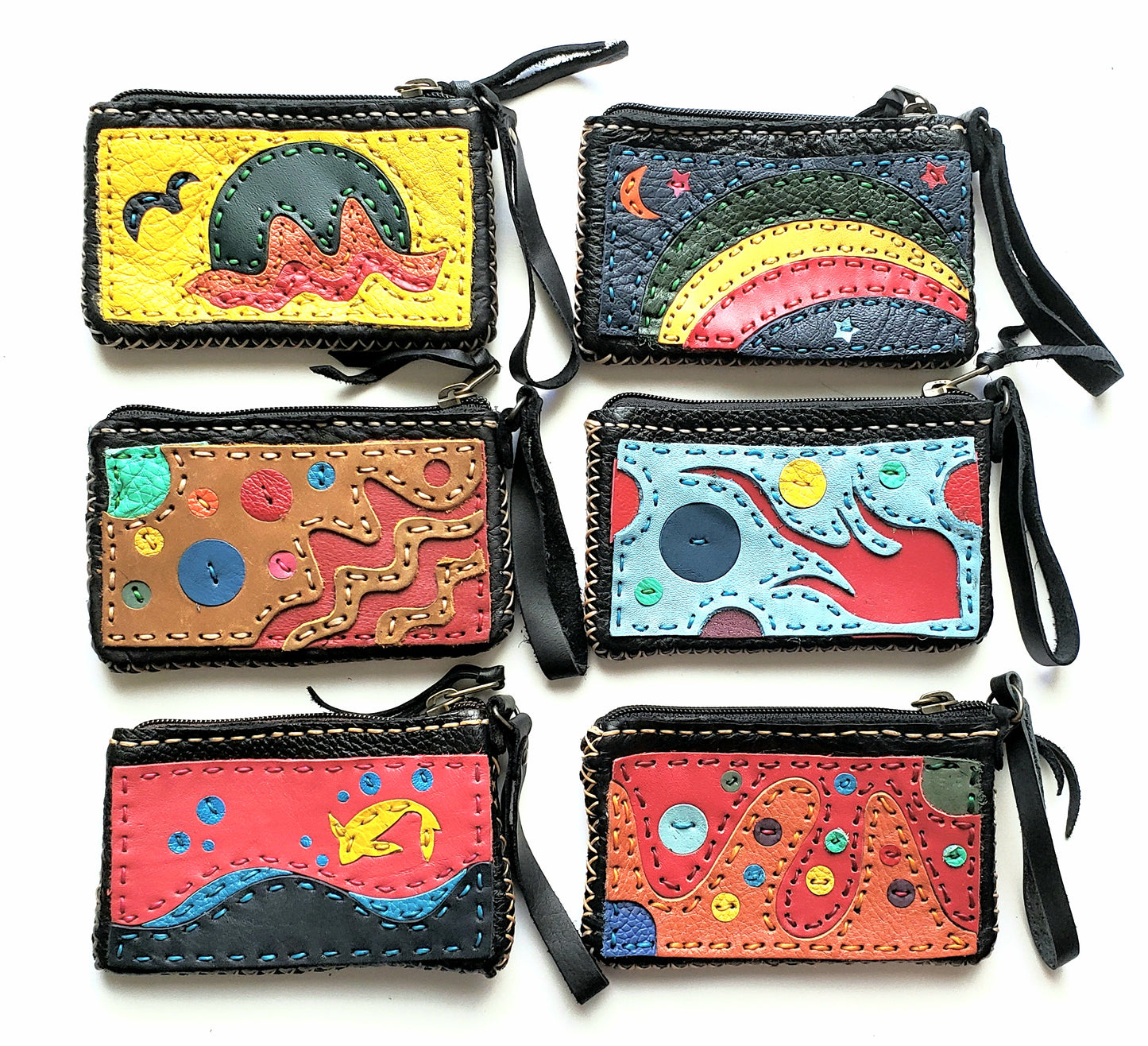 Handmade genuine leather collage art mini purse wallet/coinpurse pre pack