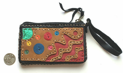 Handmade genuine leather collage art mini purse wallet/coinpurse pre pack