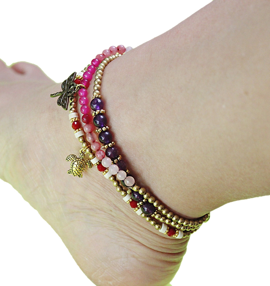 Handmade gemstone thin anklets with charms