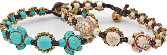 Handmade macramé bracelet with carved stone turtles