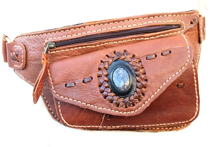 Handmade leather bohemian fanny bag with flap and hand selected semi- precious stone accent