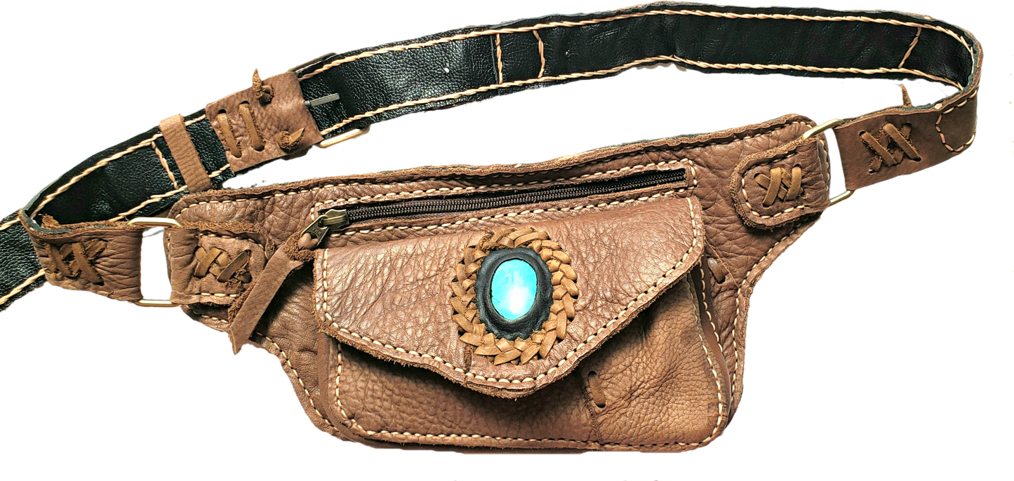 Handmade leather bohemian fanny bag with flap and hand selected semi- precious stone accent