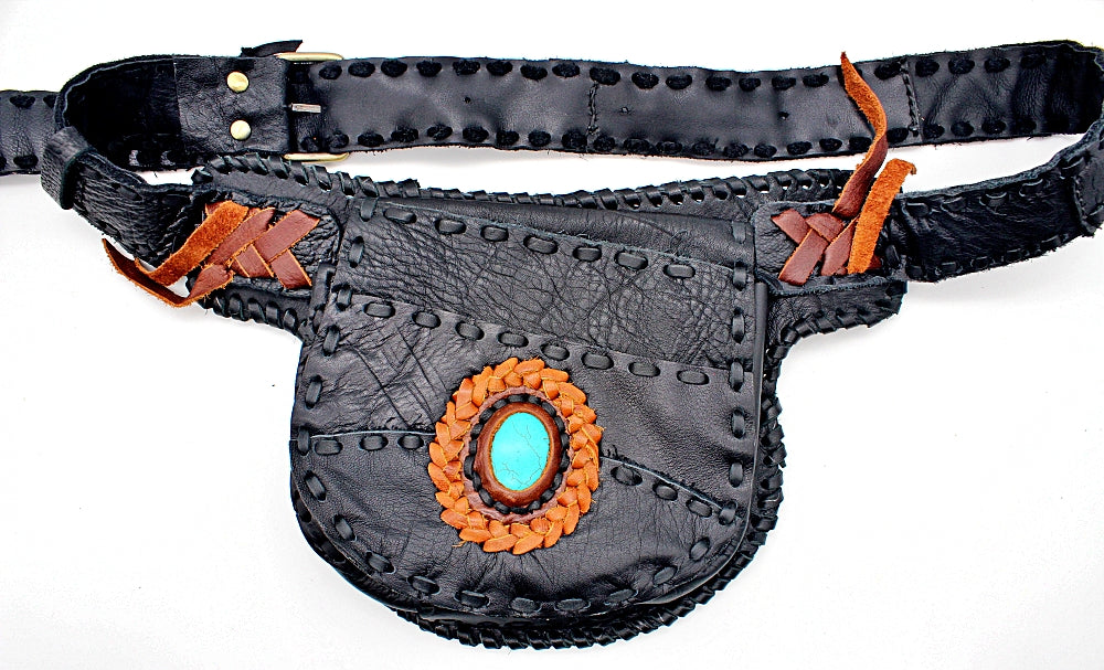 Handmade leather bohemian fanny bag With semi previous stone accent