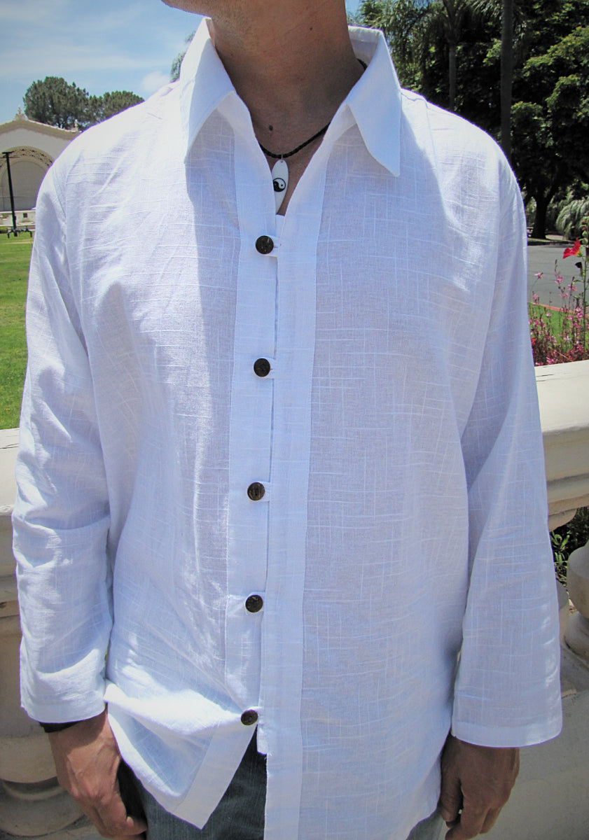 Men's shirt white button down long sleeve with coconut button / Beach wedding/ Yoga/ Renaissance Medieval