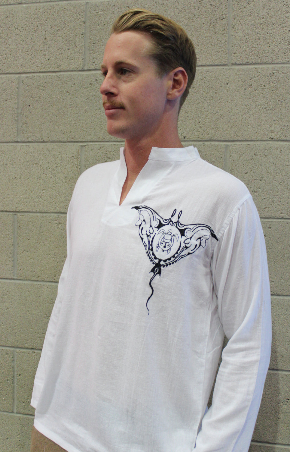 Men's shirt white chinese collar long sleeve with manta embroidery / Beach wedding/ Yoga/ Renaissance Medieval