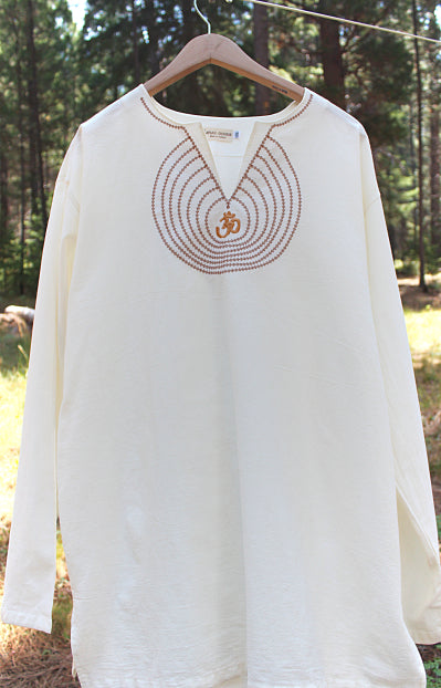 Men's shirt white chinese collar long sleeve with om embroidery / Beach wedding/ Yoga/ Renaissance Medieval