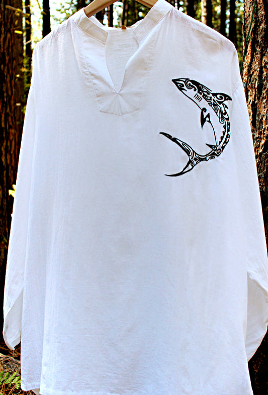 Men's shirt white chinese collar long sleeve with celtic shark embroidery/ Beach wedding/ Yoga/ Renaissance Medieval