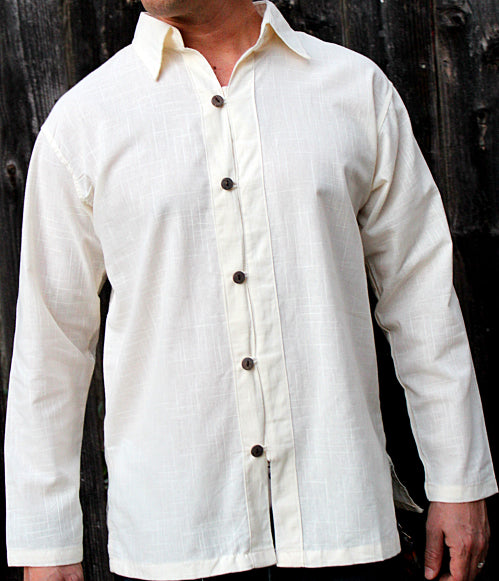 Men's shirt white button down long sleeve with coconut button / Beach wedding/ Yoga/ Renaissance Medieval