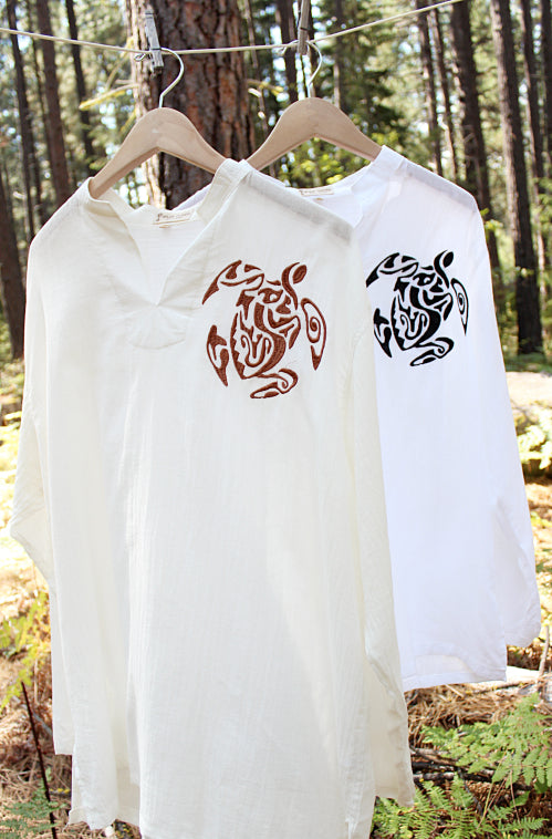Men's shirt white chinese collar with celtic turtle embroidery / Beach wedding/ Yoga/ Renaissance Medieval
