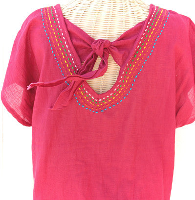 Criss Cross U-neck Blouse with Hmong hill tribe up-cycle textile accent - Atlas Goods