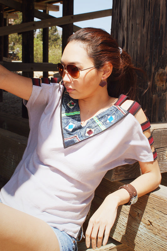 Slash sleeve V-neck blouse with Hmong hill tribe up-cycle textile accent - Atlas Goods