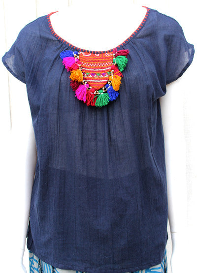 Cap sleeve blouse with up cycle Hmong hill tribe vintage textile accent - Atlas Goods