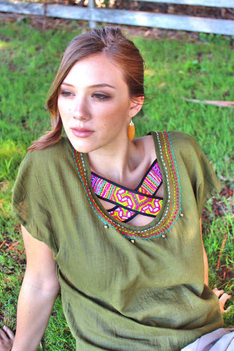 Criss Cross U-neck Blouse with Hmong hill tribe up-cycle textile accent - Atlas Goods