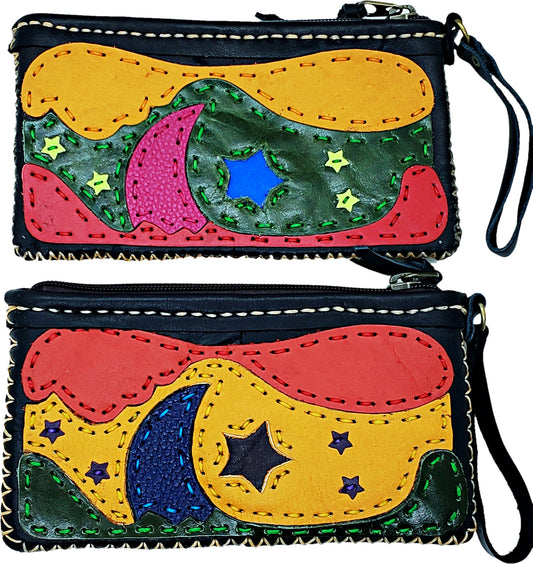 Handmade genuine leather collage art clutch/ wallet-Moon & Star design