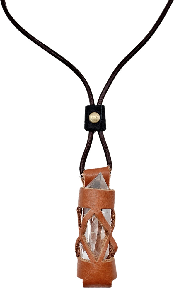 Handmade leather gemstone crystal holder/case necklace with stone