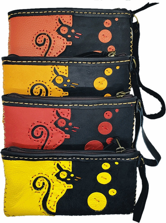 Handmade genuine leather collage art clutch/ wallet-Peekaboo cat design
