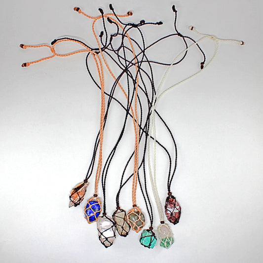Handmade interchangeable macramé cage necklaces with tumbled stone