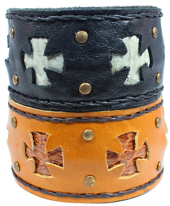 Handmade genuine leather cross bracelet/ cuff with snake skin leather accent