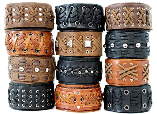 Handmade genuine leather wallet bracelets/ cuffs light metal style