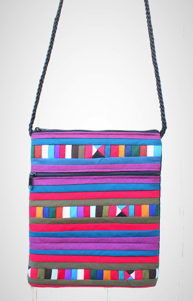 Handmade Lisu hill tribe intricate patchwork crossbody purse with two zipper pockets - Atlas Goods