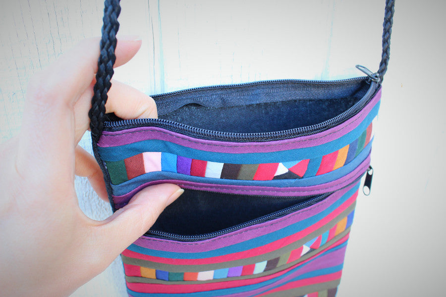 Handmade Lisu hill tribe intricate patchwork crossbody purse with two zipper pockets - Atlas Goods
