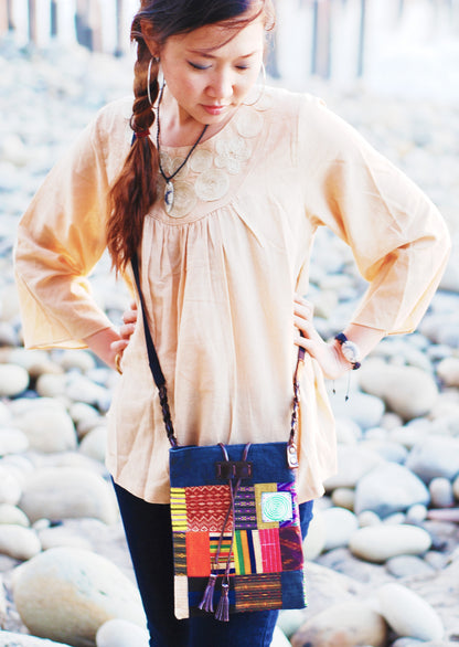 Handmade hill tribe artisan handwoven cotton patchwork cross-body bag with matching accessories pouch - Atlas Goods