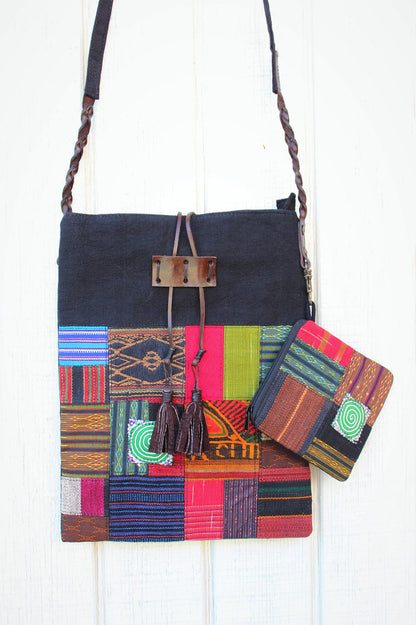 Handmade hill tribe artisan handwoven cotton patchwork cross-body bag with matching accessories pouch - Atlas Goods