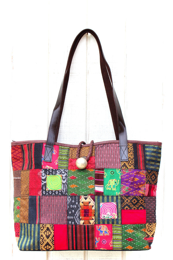 Handmade hill tribe artisan handwoven cotton patchwork with leather accent shoulder tote bag - Atlas Goods