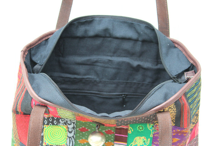 Handmade hill tribe artisan handwoven cotton patchwork with leather accent shoulder tote bag - Atlas Goods